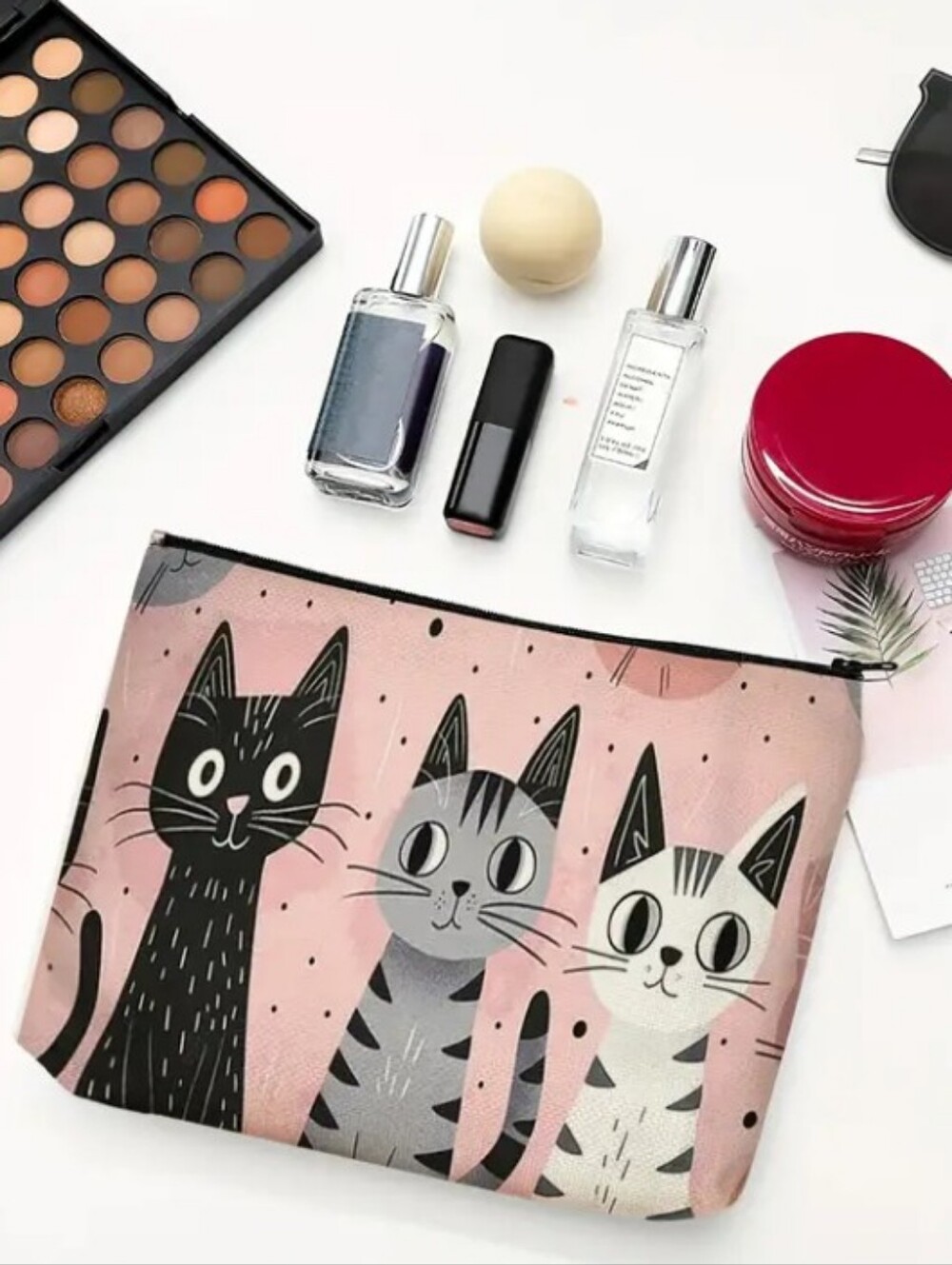 Cat Cosmetic Pouch | Pink Makeup Bag with Black, Grey & White Cats | New